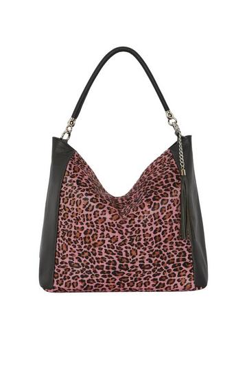 Pink Blue Animal Print Leather Shoulder Grab Large Bag