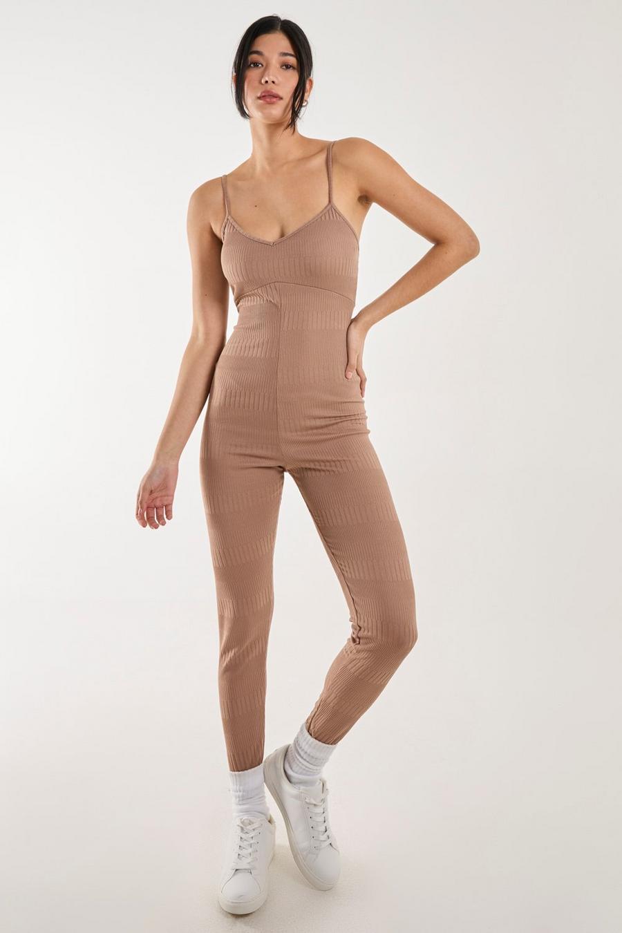 Brown Ribbed Bodycon Unitard All in One