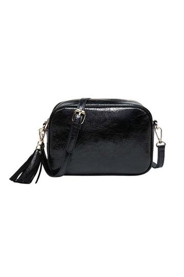 Black Metallic Shade Camera Crossbody Bag With Tassel Charm