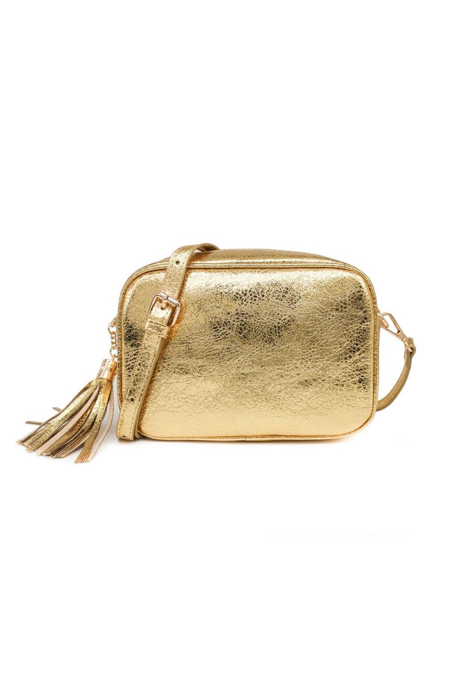 Gold Metallic Shade Camera Crossbody Bag With Tassel Charm image number 1