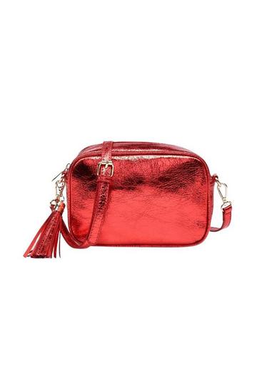 Red Metallic Shade Camera Crossbody Bag With Tassel Charm