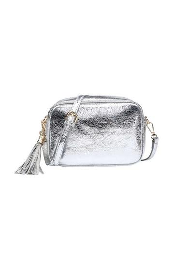 Metallic Shade Camera Crossbody Bag With Tassel Charm Silver