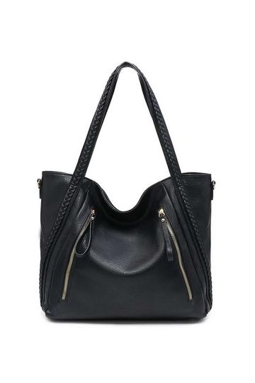 Black Extra-Large Braided Handle Slouch Tote Shoulder Handbag