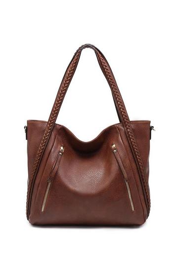 Brown Extra-Large Braided Handle Slouch Tote Shoulder Handbag