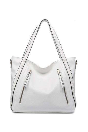 White Extra-Large Braided Handle Slouch Tote Shoulder Handbag