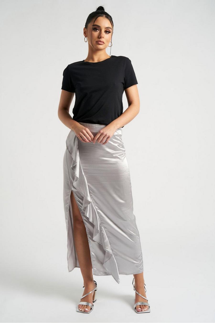 Silver Satin Ruffle Side Split Midaxi Skirt