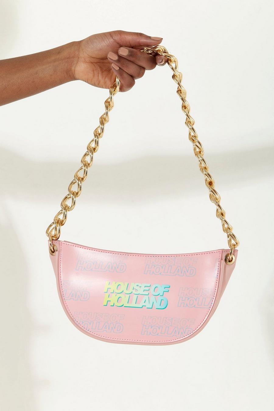 Shoulder Bag In Baby Pink With A Gold Chain Strap And Printed Logo