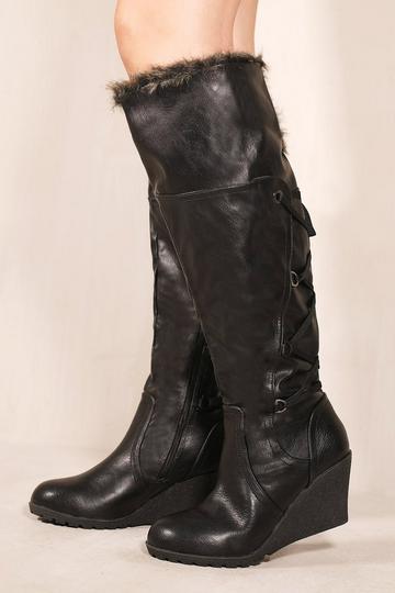 'Bridget' Wedge Heel Mid Calf High Boots With Fur & Lace Up Detail Black