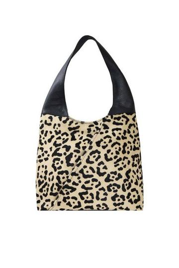 Ivory Leopard Print Leather Shoulder Hobo Bag Cream