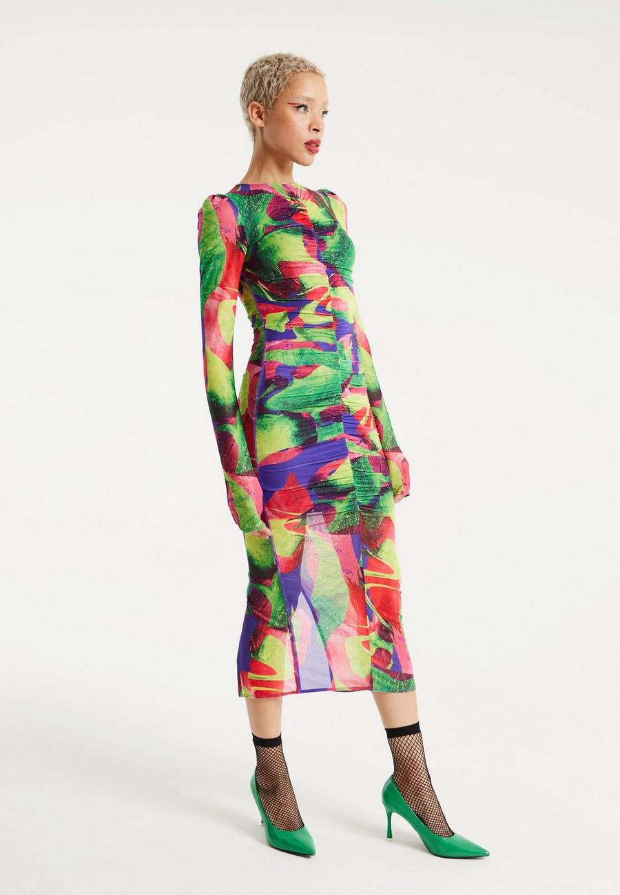 Multi Abstract Multicolour Print Midi Dress With Ruching Detail