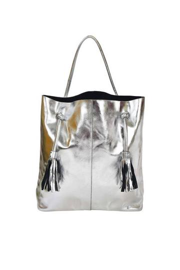 Silver Silver Drawcord Metallic Leather Hobo Shoulder Bag