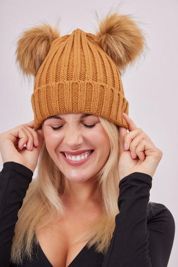 Knitted Double Fur Pom Beanie Brown