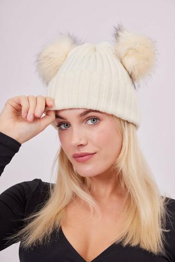 Knitted Double Fur Pom Beanie White