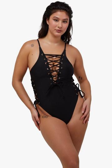 Black Eden Fuller Bust Black Plunge Lace Up Swimsuit