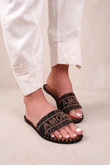 'Note' Strap Flat Sandals With Beaded Text Detail Black