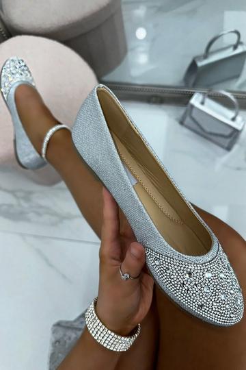 Rhinestone Embellished Dolly Shoes Silver