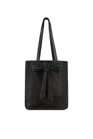 Black Bow Compact Haircalf Leather Tote Bag Black | BBLYN