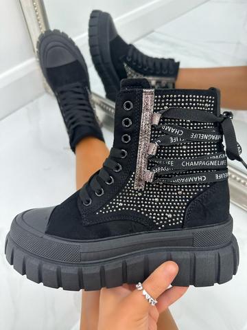 Crystal Lace Up Biker Boots Black