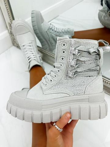 Grey Crystal Lace Up Biker Boots