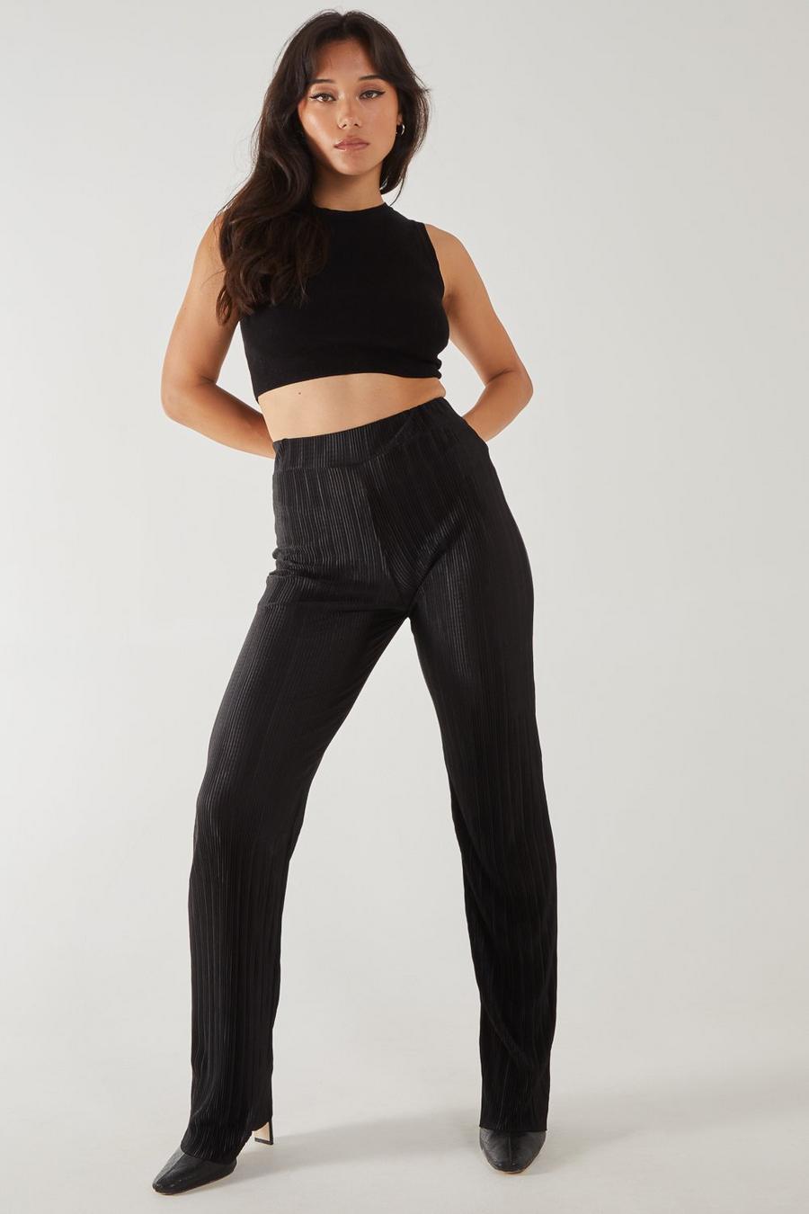 Black Plisse Flared Trousers