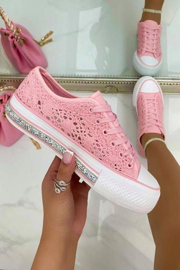 Crystal Trim Crochet Trainers Baby Pink