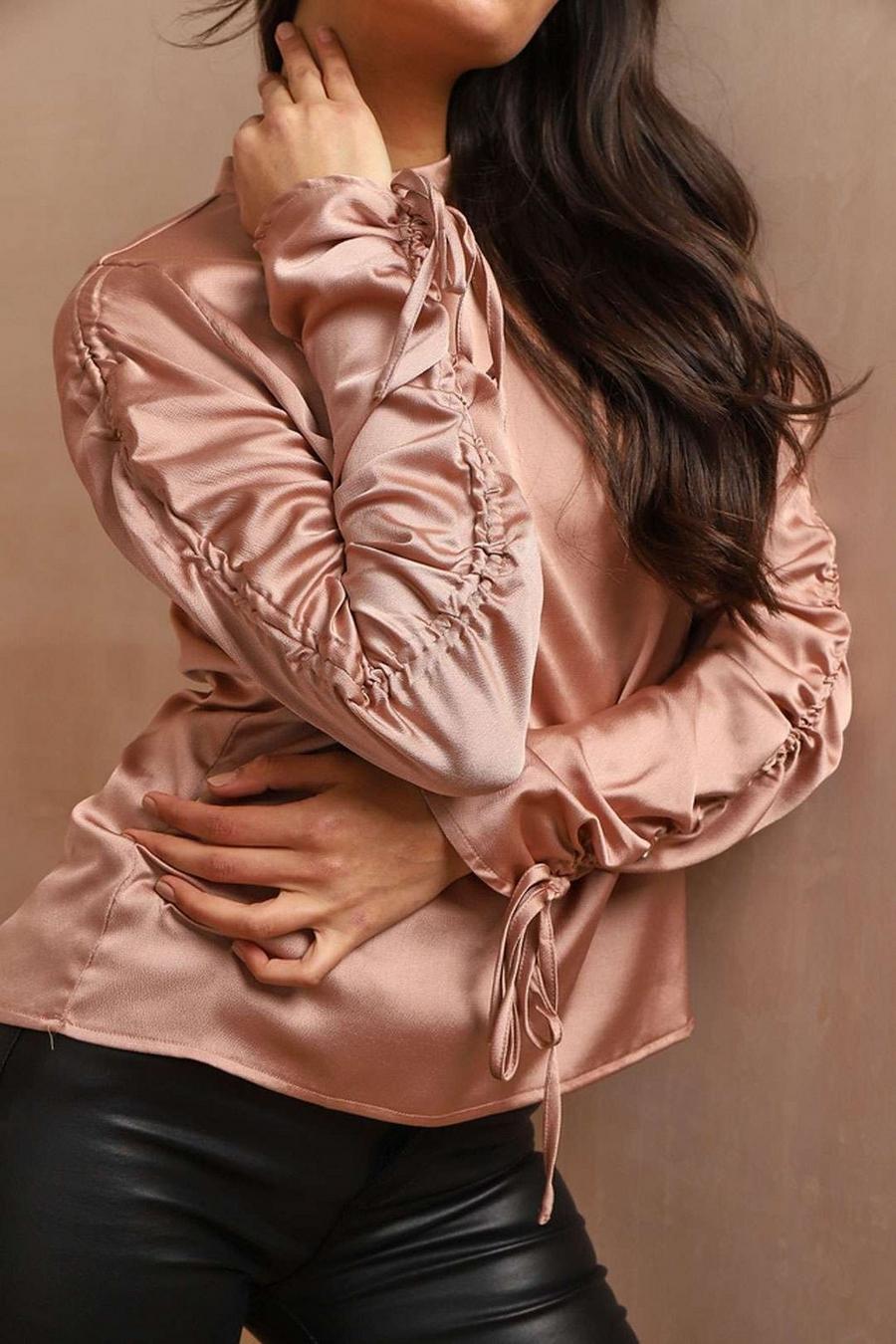 Satin Ruched Sleeve Top Pink image number 1