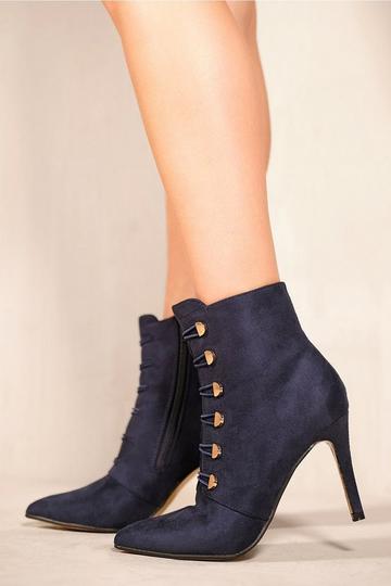 Navy 'Blythe' Pointed Toe Mid Heel Ankle Boots With Gold Buttons