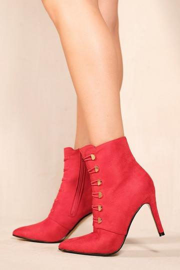 'Blythe' Pointed Toe Mid Heel Ankle Boots With Gold Buttons Red