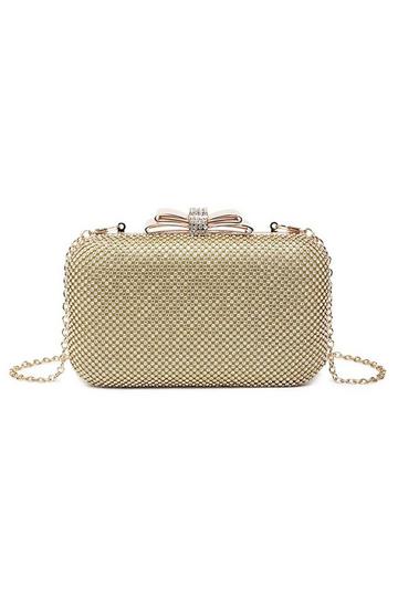 Gold Metallic Shiny Diamanti Clasp Evening Clutch Hardcase Bag