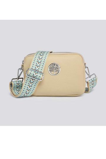 Beige Small Double Compartments Silver Badge Crossbody Bag With Canvas Strap