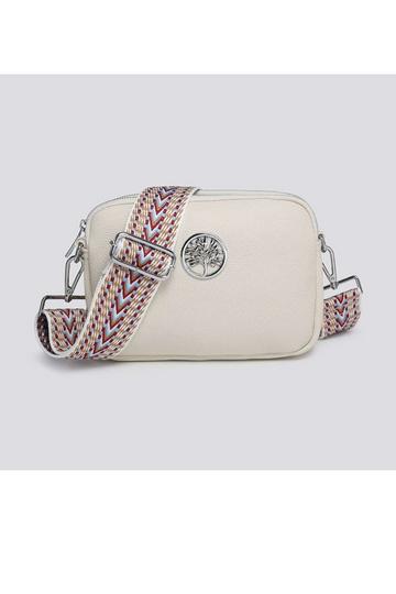 Small Double Compartments Silver Badge Crossbody Bag With Canvas Strap Ivory