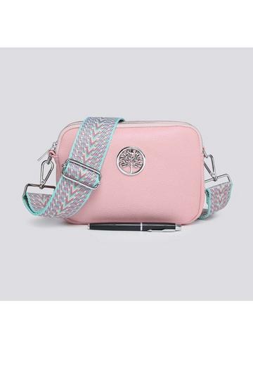 Pink Small Double Compartments Silver Badge Crossbody Bag With Canvas Strap