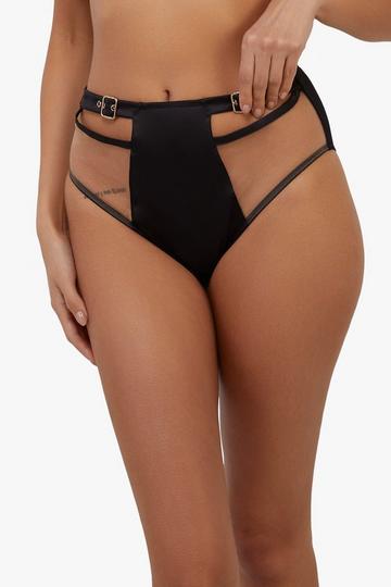 Alessia Black Satin & Illusion Mesh Buckled Highwaist Brief Black