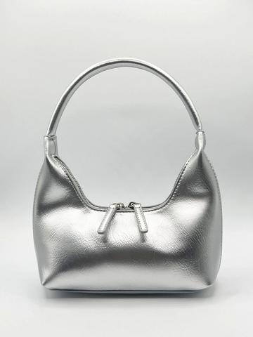 Short Handle PU Leather Shoulder Bag in Silver Metallic Silver