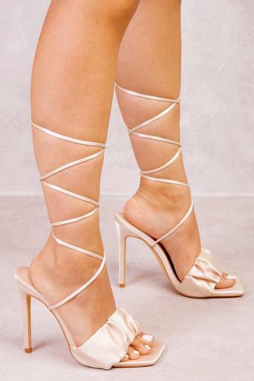 Cream White 'Loreza' Lace Tie Up Ruched Strap Heels