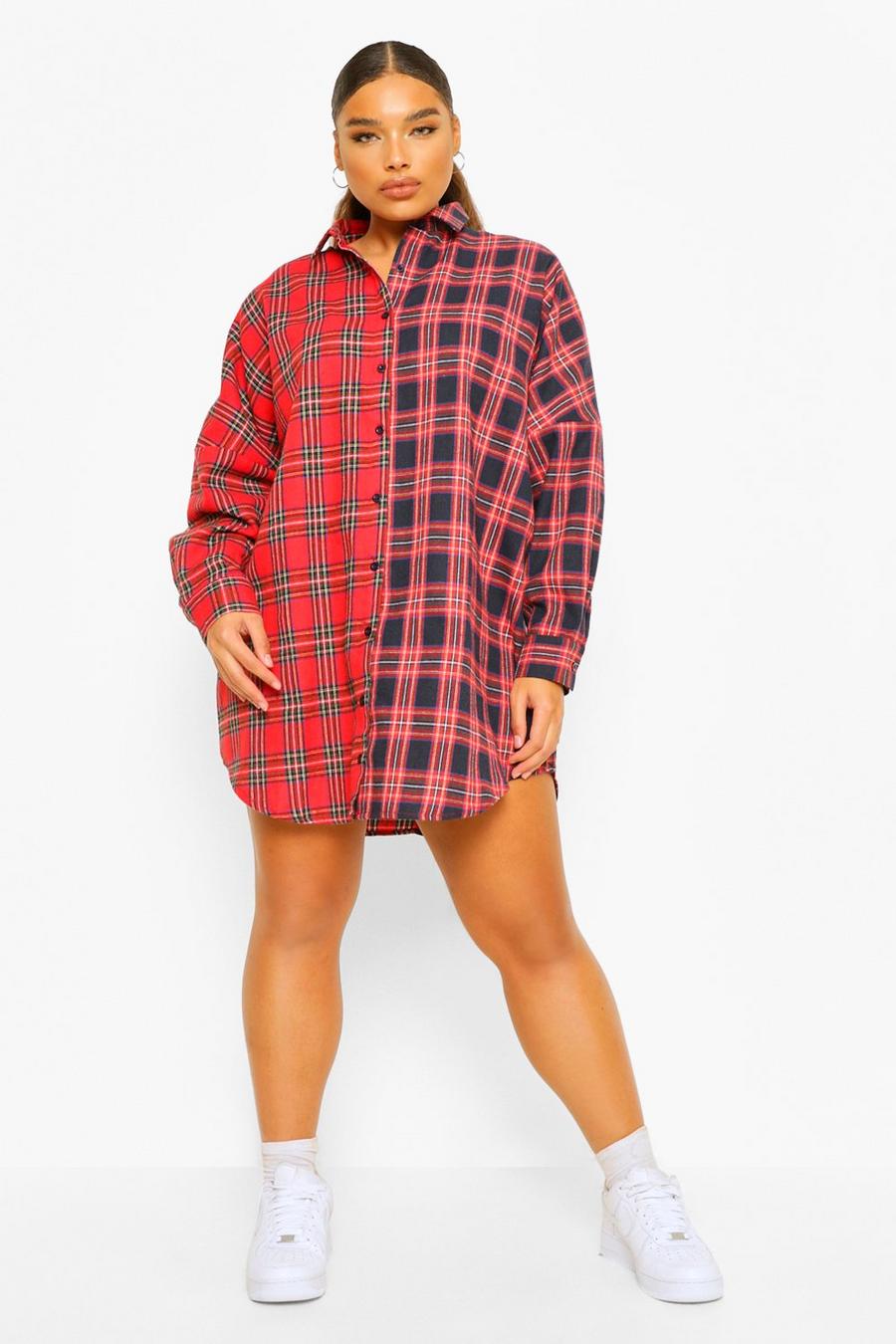 Red Plus Flannel Contrast Shirt Dress image number 1