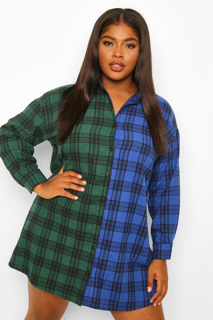 Green Plus Check Contrast Shirt Dress image number 1