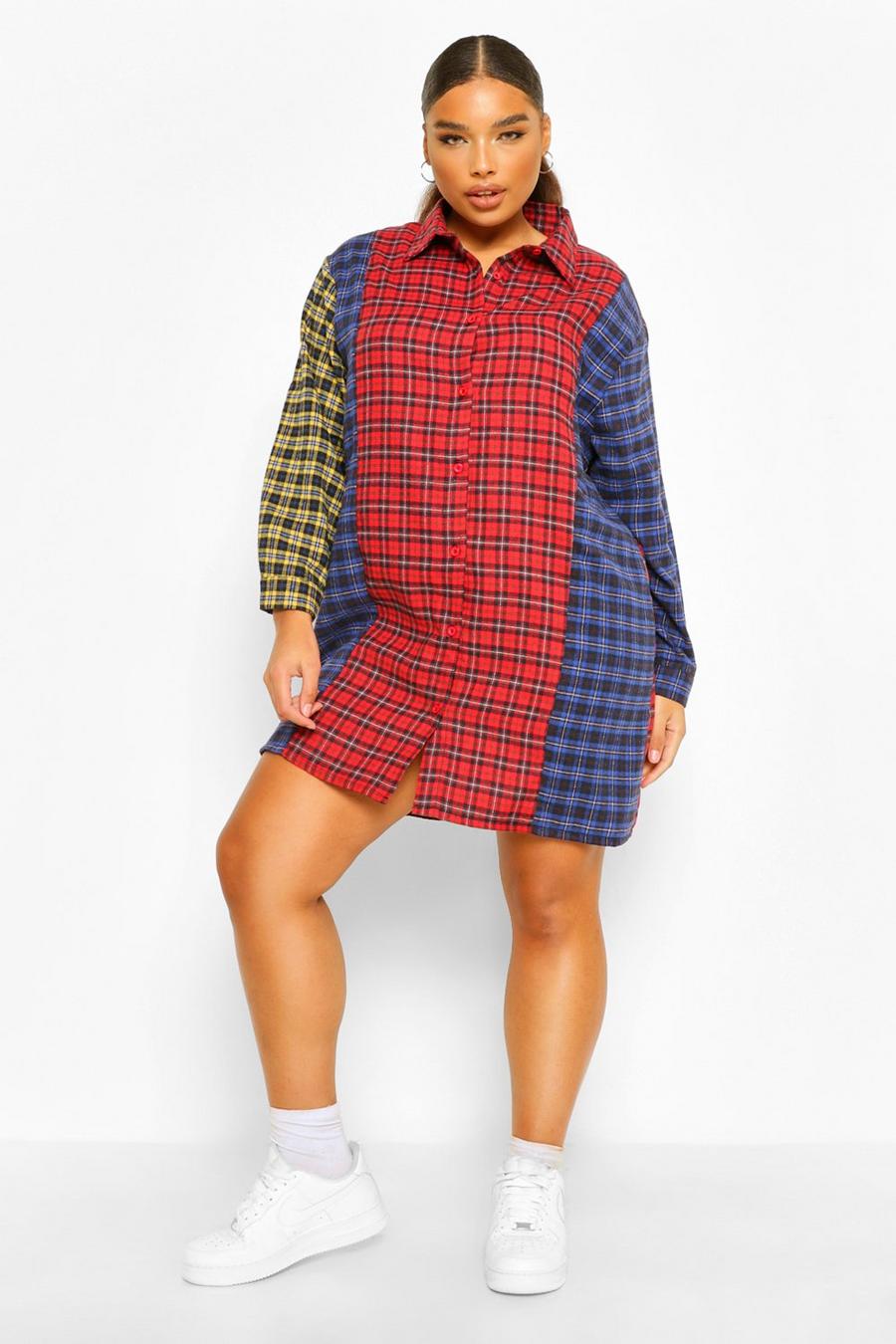 Red Plus Check Contrast Shirt Dress image number 1