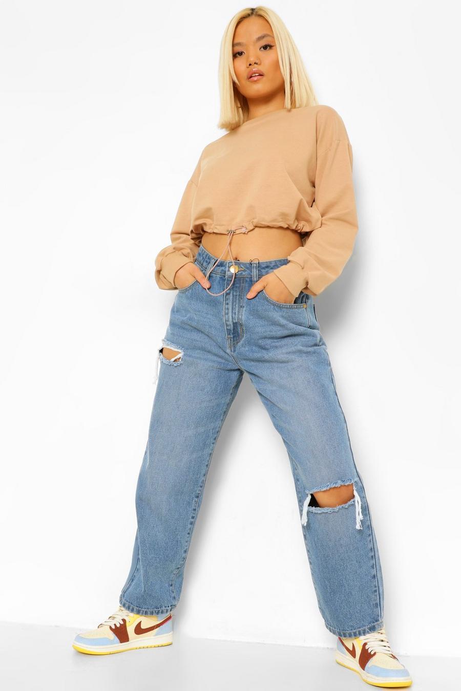 כחול ביניים ג'ינס רחב בגזרת בויפרנד עם קרעים פטיט  image number 1