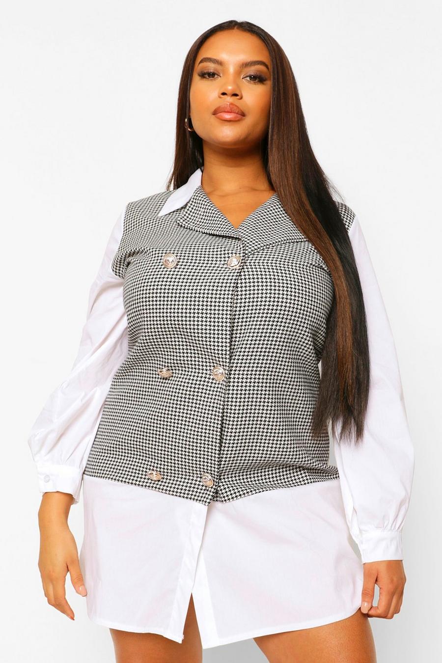Plus Houndstooth Check Contrast Collar Shift Dress image number 1