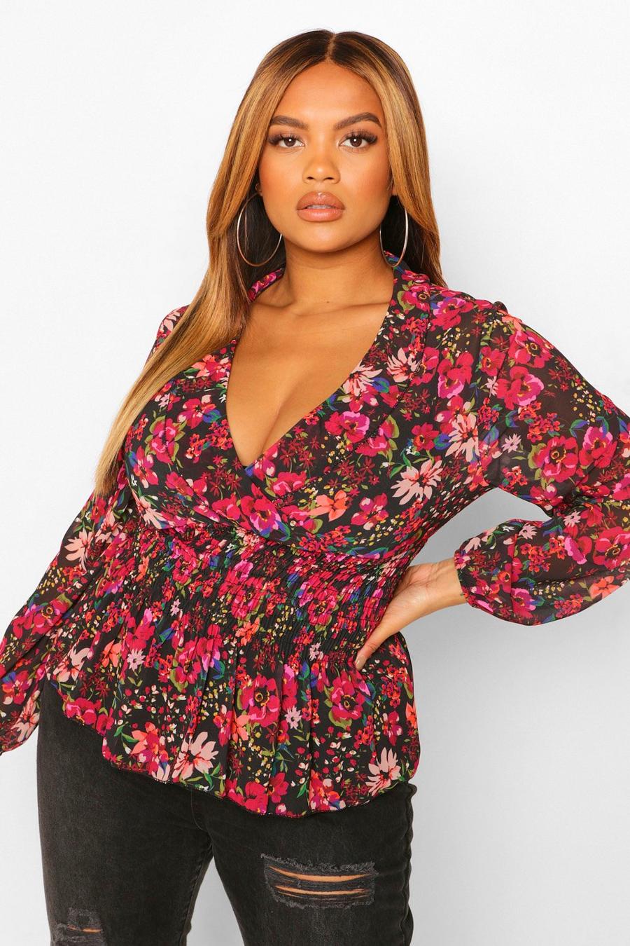 Plus Floral Ruffle Wrap Shirred Top image number 1