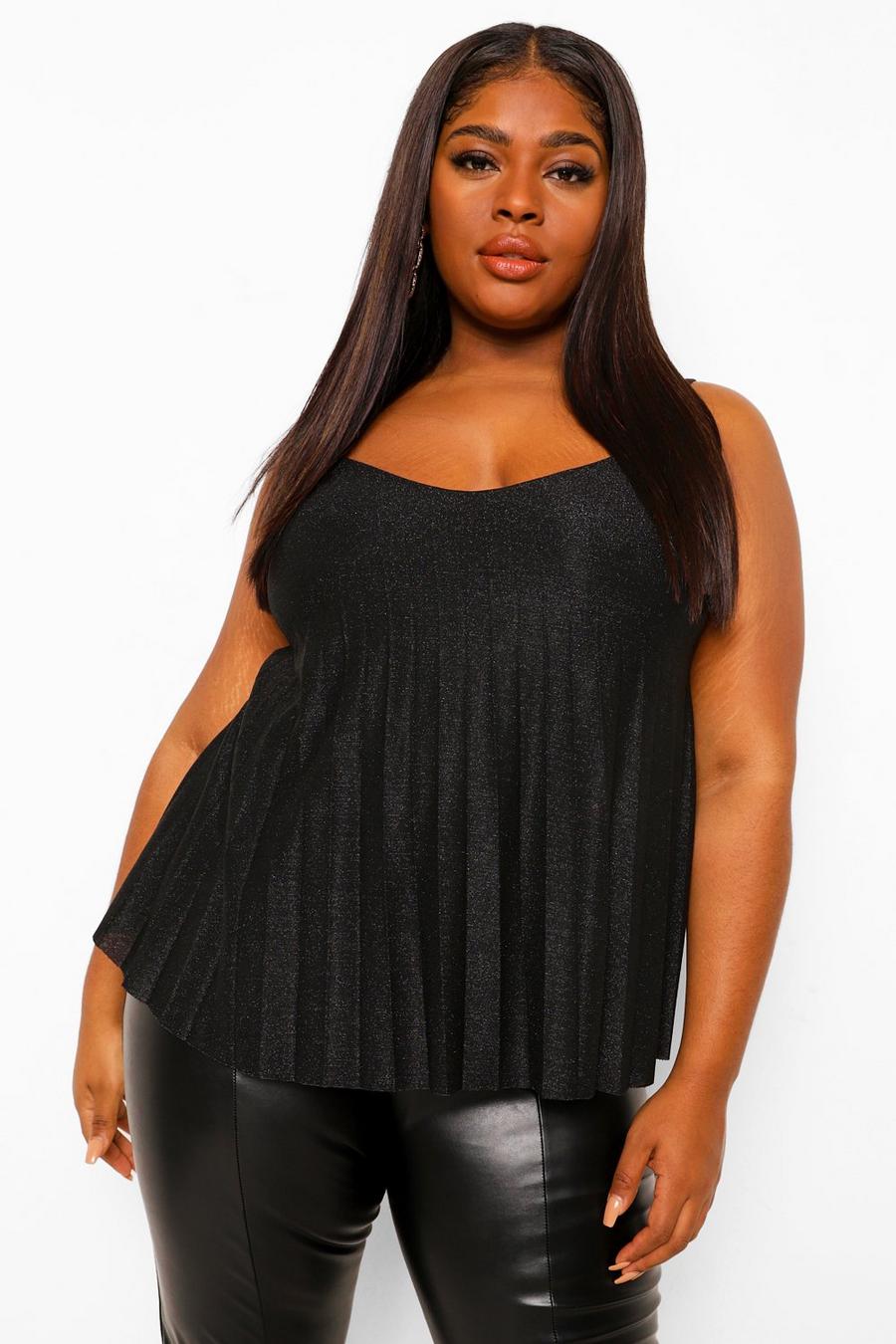 Black Plus Glitter Shimmer Pleated Cami Top image number 1