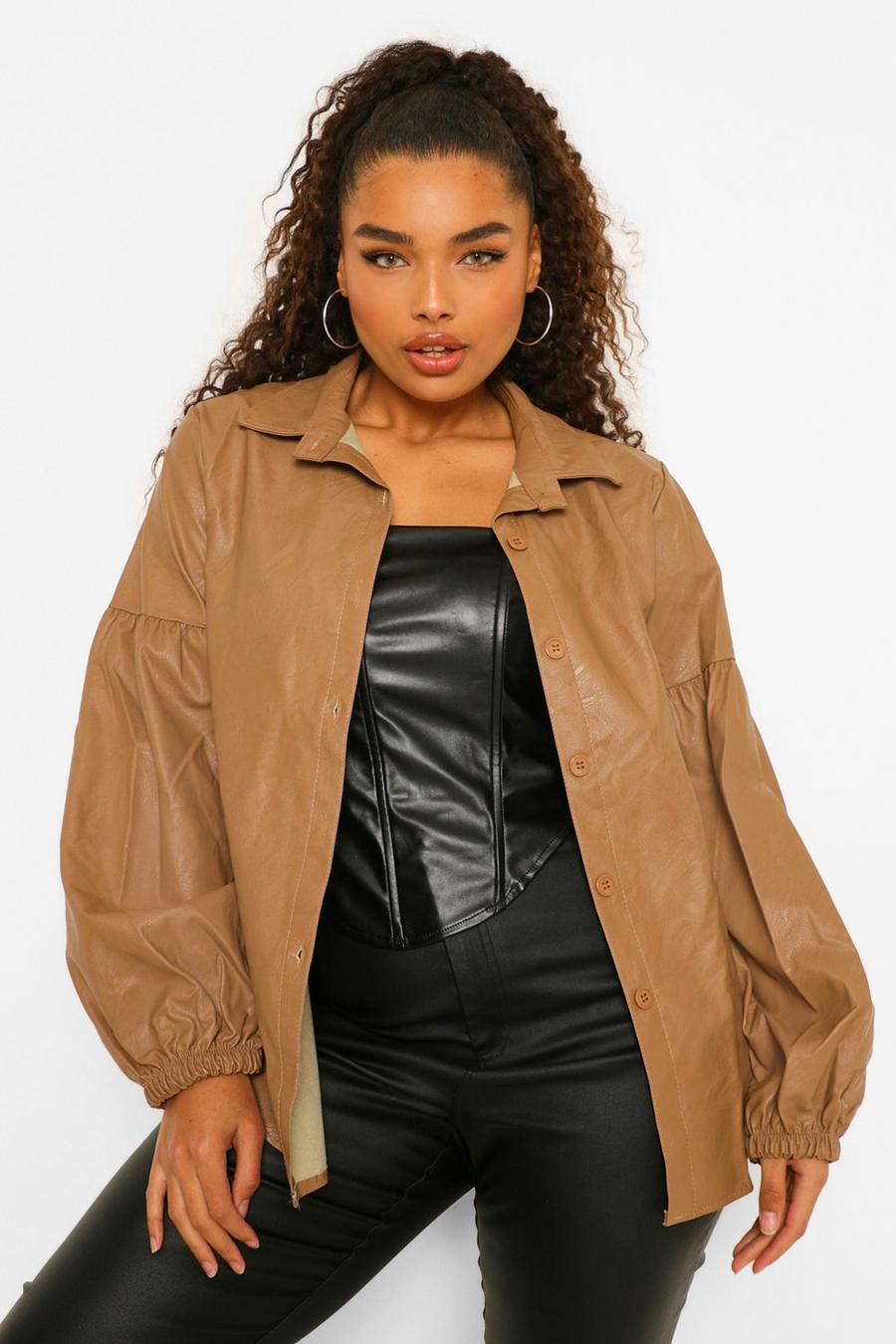 Camel Plus Faux Leather Puff Sleeve Shirt image number 1
