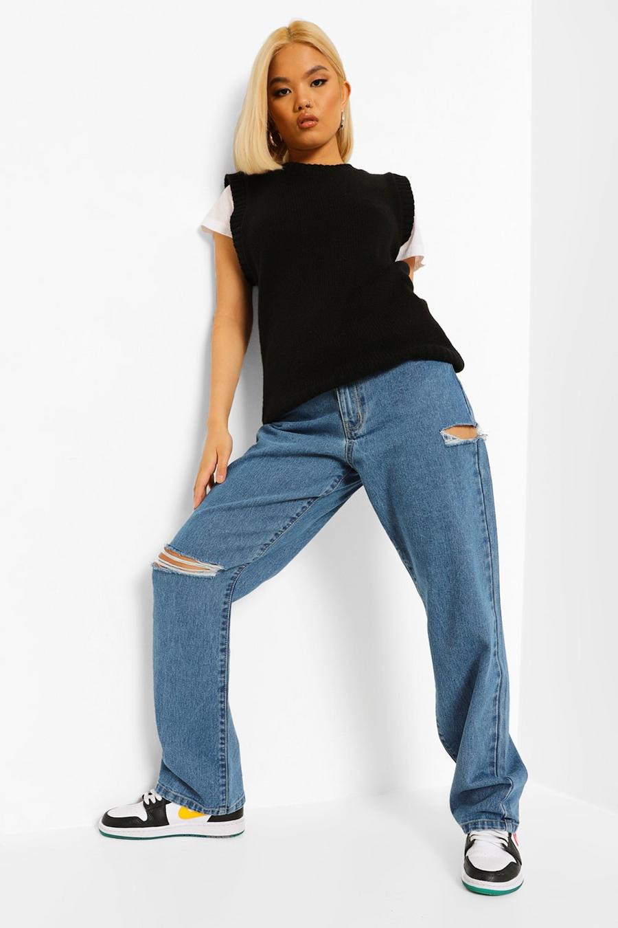 Mid blue Petite High Rise Ripped Boyfriend Jeans image number 1