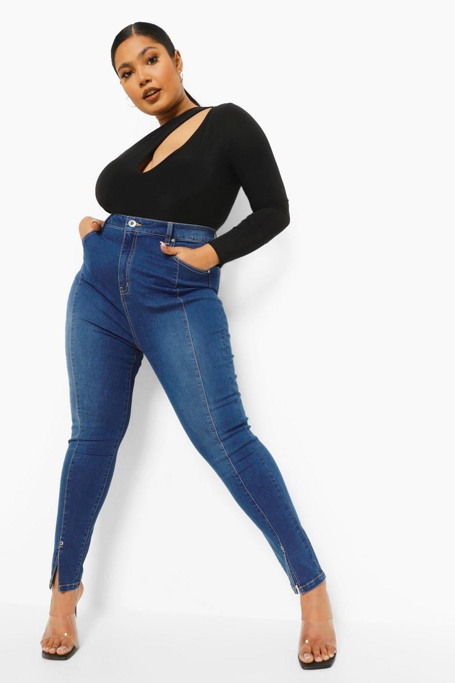 Jeans Plus Size Skinny Fit con spacco frontale sul fondo, Blu scuro image number 1