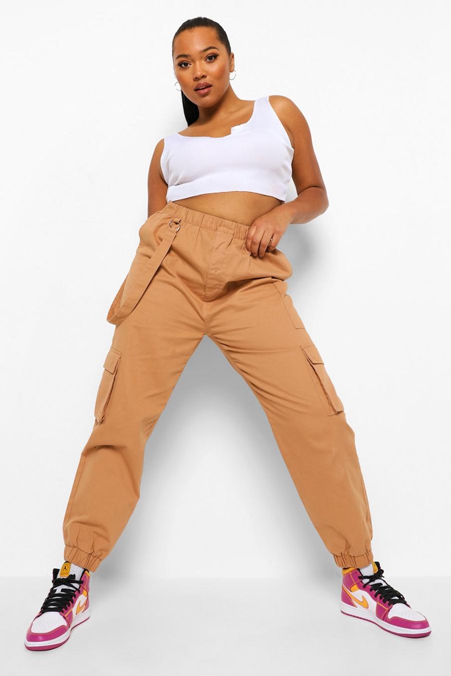 חום שזוף מכנסי ריצה מבד ג'ינס עם כיס בסגנון שימושי למידות גדולות image number 1