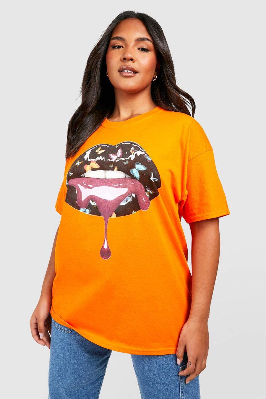 T-shirt Plus Size con labbra effetto lucido e farfalle, Arancio image number 1