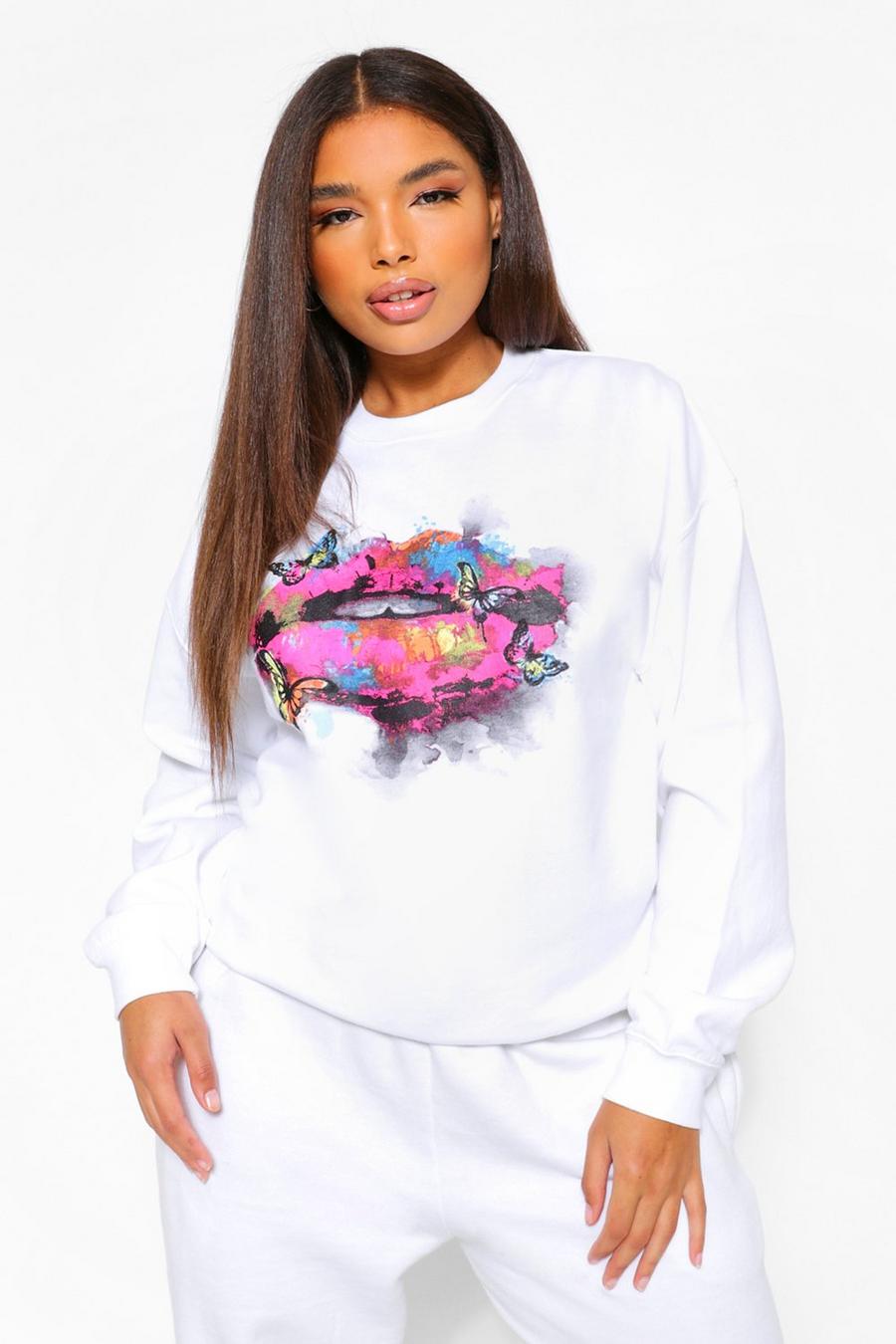 White Plus Rainbow And Butterfly Lip Sweatshirt image number 1