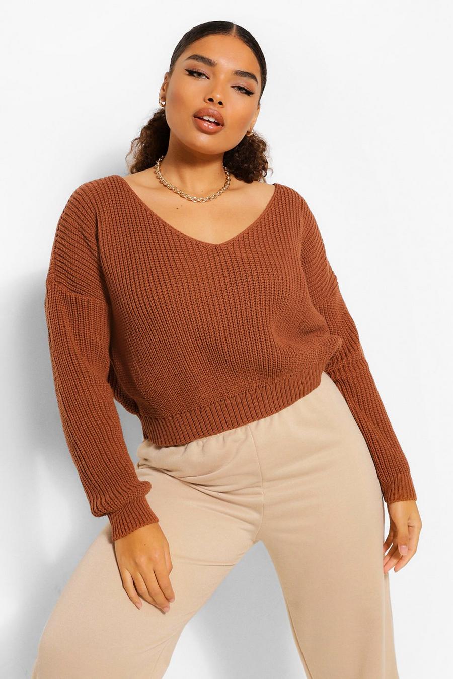 Toffee Plus V Neck Fisherman Cropped Sweater image number 1