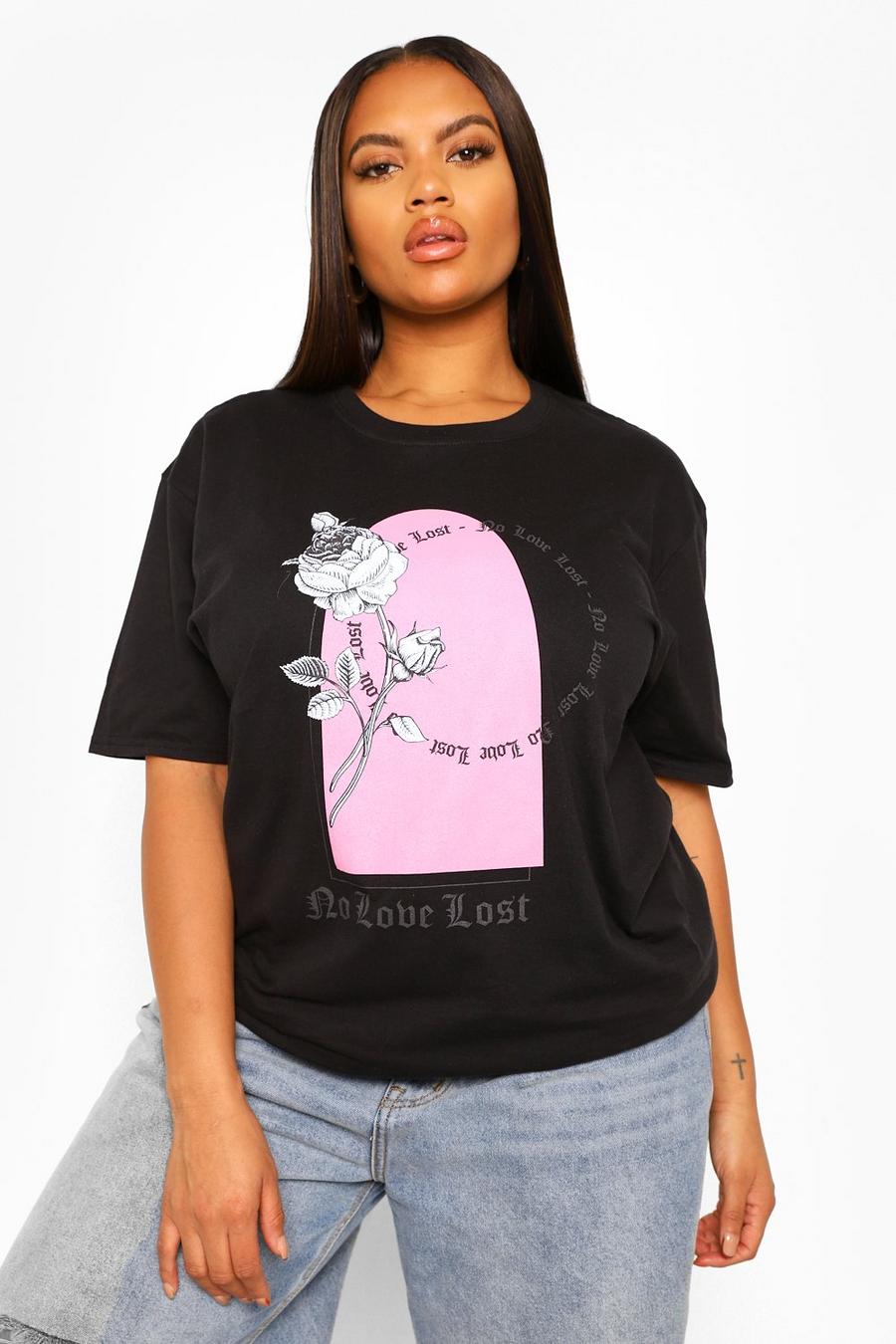 Camiseta estilo Boyfriend con estampado de rosa “No Love Lost” Plus, Negro image number 1